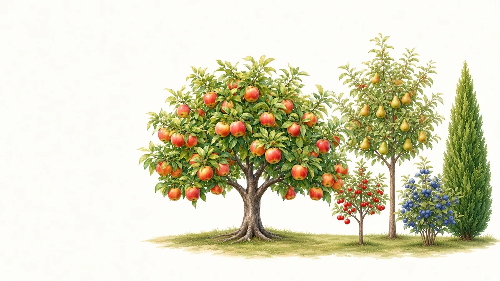 Watercolor illustration of an apple tree heavy with fruit beside a pear tree, cherry, blueberry bush and evergreen